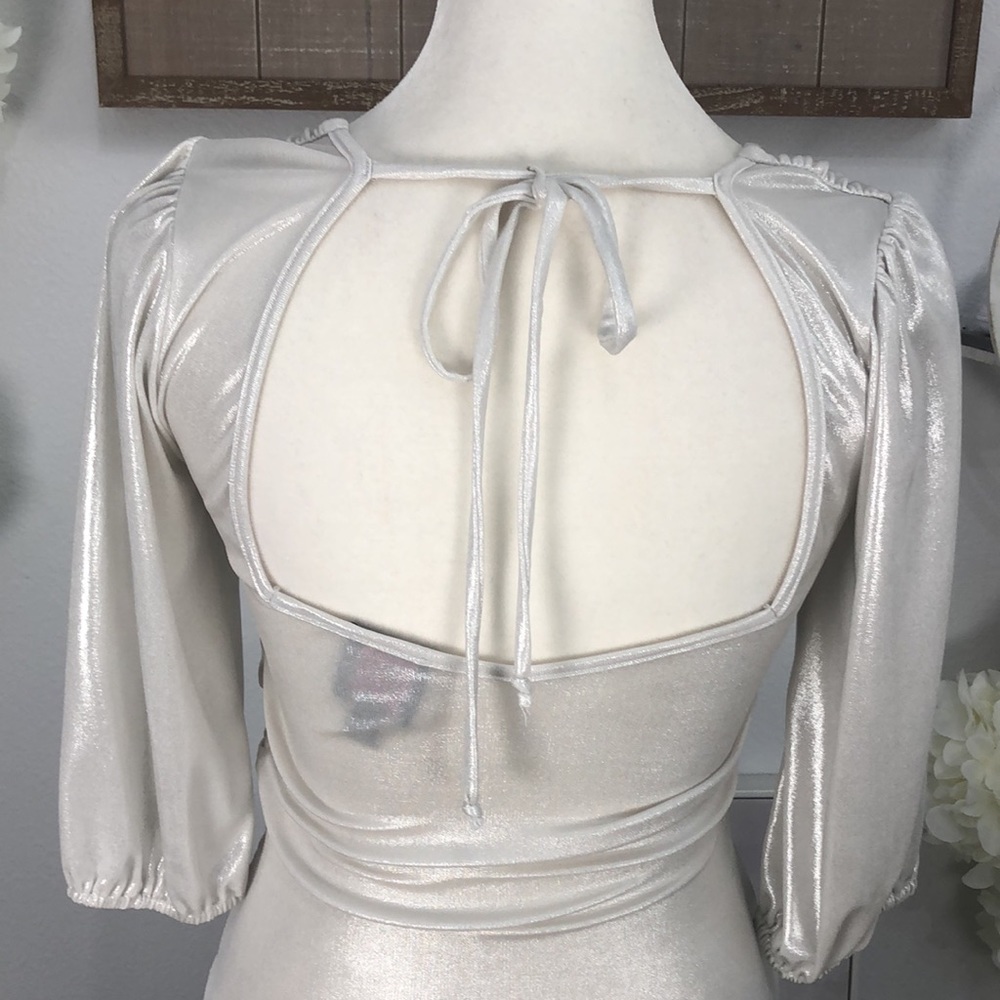 2B Bebe shimmering silver fitted mini dress. Sz S. EUC - Picture 5 of 8